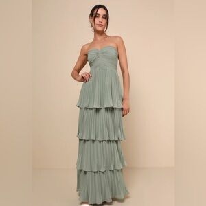 LULUS Strapless Tiered Maxi Dress Seriously Sensational Sage Green Brush Gown L